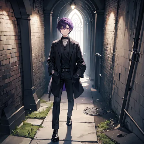 The dark purple short-haired wizard is walking through a dim underground passage in black work clothes
