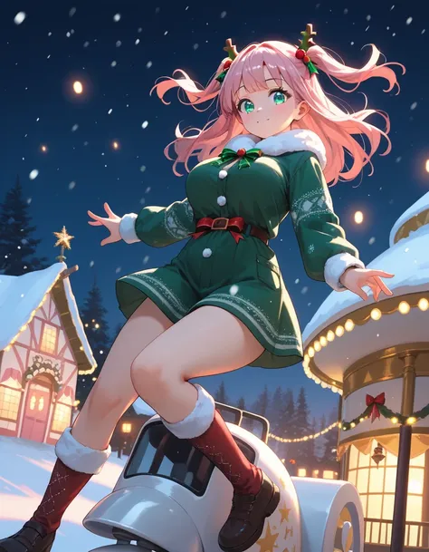 (best quality:1.2), (ultra-detailed:1.2), (2.5D:1.2), (Anime Moe Art Style), cute woman , pink hair, two side up, Cyan eyes, gradient eyes, large breasts, dark evening, lights from garlands around, snow falling, A girl is riding a carousel at a Christmas f...