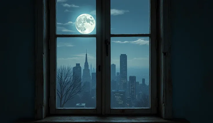 Creates a realistic image of a closed window view of the city on a full moon night




