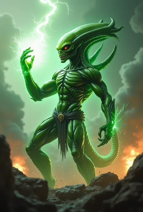 Now draw me a green alien after launching an attack with his hand 