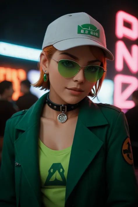 plano cercano del rostro, Ben10 womens version ,  looking over black and green sunglasses, Green Iris,  green jacket , collar,  reflections of neon light on the skin,  earring with the Omnitrix symbol pattern , make-up,  skin imperfections ,  short hair , ...