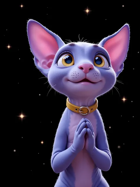 Characteristics of a hairless lilac sphinx kitten: a cute, friendly, charismatic kitten, with Disneys 3D animation features, Pixar style, the features are very attractive to attract the attention of ren, lilac, (hairless), yellow eyes, yellow collar, in a ...