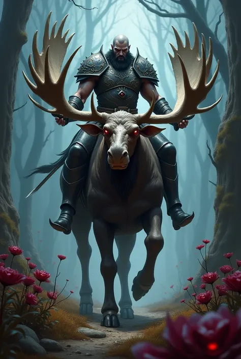 Hyperrealistic image of a warrior with a strong evil face with a sword in his hand riding a muscular moose with red eyes amidst a dark flower