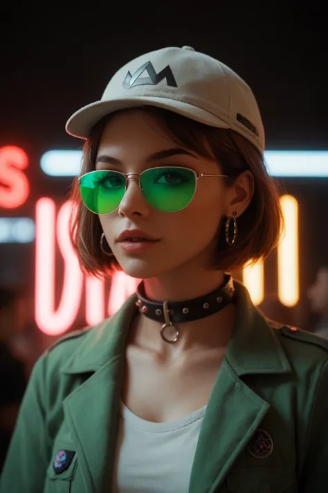 plano cercano del rostro, I10 versión mujer,  brown hair looking over black and green sunglasses, Green Iris,  green jacket feature of  "I10: alien force ", collar,  reflections of neon light on the skin,  earring with the pattern of the omnitrix symbol , ...