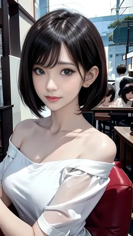 UHD, masterpiece, anatomically correct, super detail, best quality, 8k,  sharp focus 、( bust up shot :1.4)、Bust, Passport Photo,  full face, Woman working at a cafe、 one beautiful woman 、Age 30、Tokyo、Woman working at a cafe、 BOB CUT HAIR、white off-the-shou...