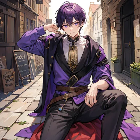 A dark-purple short-haired man is sitting and begging on a medieval roadside wearing the clothes of a poor commoner
