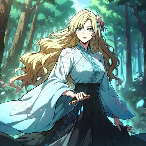 score_9, score_8_up, score_7_up, score_6_up, source_anime, rating_explicit, 1 girl, single, medium breasts, long hair, hair ornament, flower hair, rose comb, blonde hair, wavy hair, blue eyes, long sleeved shirt, long black skirt, ankle length skirt, long ...