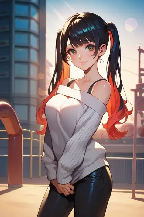 1girl, solo, multicolored hair, black hair, red hair, twin tails, bangs, brown eyes, eyelashes, blush, smile, lips, slender, slim, shiny skin, loose sweater, white knit sweater, off-shoulder, black straps, green black trousers, standing, arms between legs,...