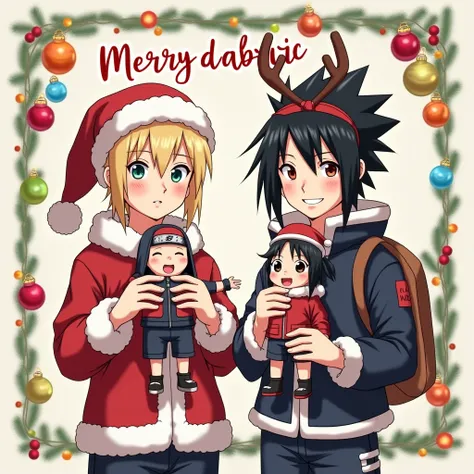  Typical Christmas greeting card with decorated borders and the following text in Spanish  " Merry Christmas "  In the center of the card are Naruto and Sasuke ,  characters from the anime Naruto Shippuden dressed in Christmas costumes .  One of them wears...