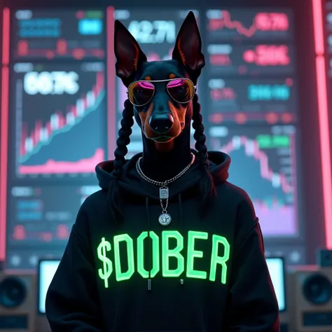 A hyperrealistic female Doberman with a human body, standing confidently in a futuristic, neon-lit crypto trading hub. facing the camara. The Doberman female is wearing a hoodie with "$DOBER" emblazoned across the back in glowing green Lava Pro Rough font....