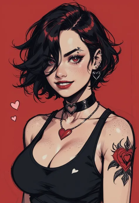 1girl, solo, breasts, jewelry, black hair, tattoo, choker, cleavage, short hair, smile, red eyes, necklace, looking at viewer, piercing, heart, arm tattoo, upper body, earrings, ear piercing, red background, heart necklace, black choker, tank top, grin, me...