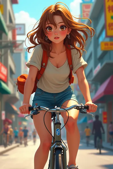 Draw a 16-year-old girl in bicycles and a brunette top 
