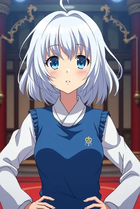  Japanese Anime , Inazuma Eleven, Splendid martial arts hall,  colorful background , female,  middle school student,  white hair with raised bangs, shot,  blue eyes on Adobe, blue dress , masterpiece,  top grade, High definition, 2D, seamlessly