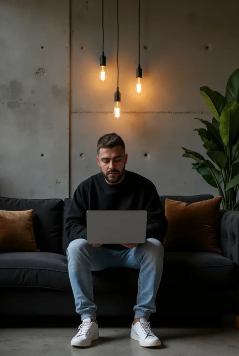 Masterpiece:1.3), (8K, Photorealistic, RAW photo, Best Quality: 1.4)A stylish, industrial-inspired lounge where a young man sits on a black sofa, absorbed in his black space grey colour MacBook pro. Hair: The hair is short, styled short on the sides and lo...