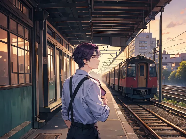 A man with short dark purple hair wears simple clothes and observes a crowd from a distance at an old train station at dusk