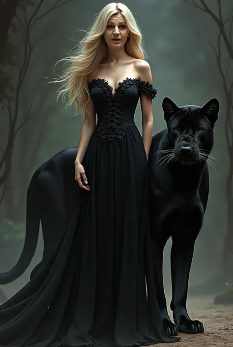 this woman with blonde hair stands proudly in a black gothic dress with a calm expression on her face. next to her stands a powerful black puma with an intense gaze