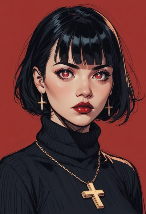 1girl, jewelry, solo, necklace, red background, short hair, earrings, red eyes, black hair, looking at viewer, sleeves past wrists, red lips, blunt bangs, turtleneck, sweater, cross, makeup, simple background, sleeves past fingers, bob cut, black sweater, ...