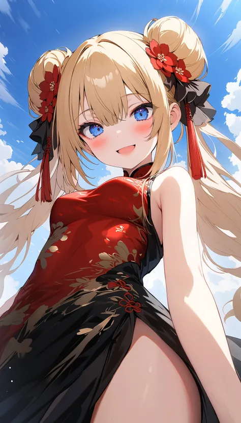 (nsfw:1.3), 1girl, solo, long hair, looking at viewer, blush, smile, closed mouth, hair ornament, hair between eyes, bare shoulders, medium breasts, blue eyes, golden hair, hair ribbon, sidelocks, :d, detached sleeves, hair flower, hair bun, sleeveless dre...