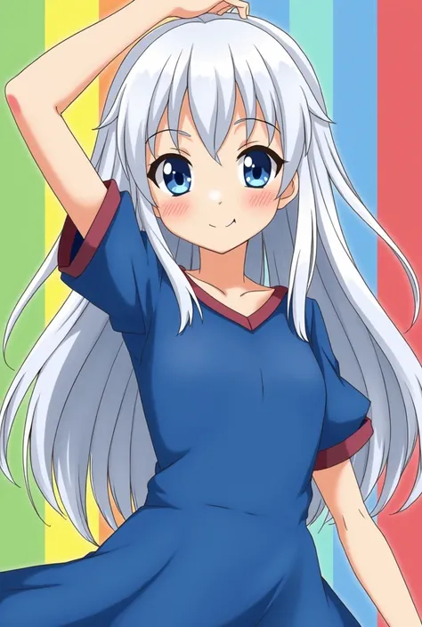  Japanese Anime , Inazuma Eleven,  colorful background , female,  middle school student,  white hair with raised bangs, shot,  blue eyes on Adobe, blue dress , masterpiece,  top grade, High definition, 2D, seamlessly