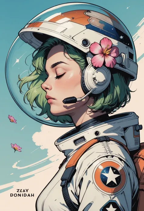 solo, 1girl, plant, closed eyes, green hair, spacesuit, profile, upper body, from side, flower, helmet, short hair, artist name, closed mouth, space helmet, s1_dram, zPDXL3, detailxl,  Score_PnyReal,