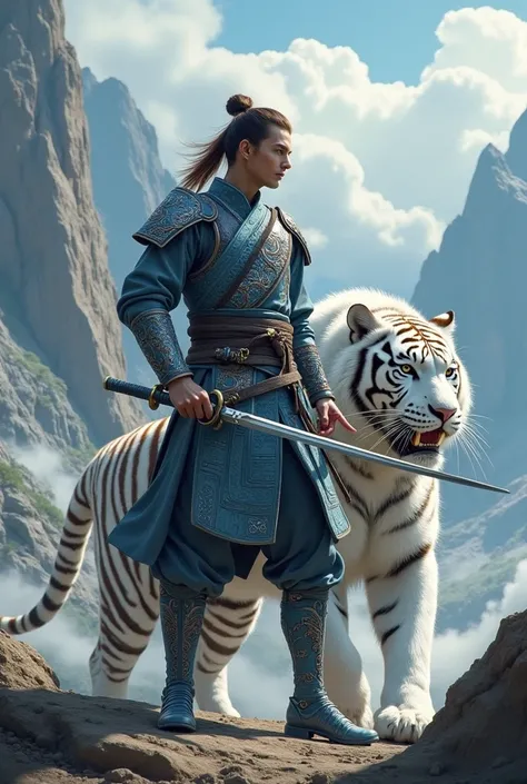 Man,  brown hair hairdo on the side, tenues guerriers couleurs argenté bleu, petits katana sur les deux mains, position attaque,  giant white tiger next door , mountain scenery ,