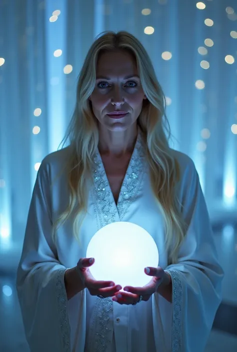  A middle-aged woman with long blond hair , wears a white robe with silver details ,  holding a crystal ball that emits a soft blue light ,  in an environment filled with transparent curtains and stars extended in the background