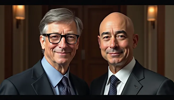 " Hyper-realistic portrait of Bill Gates and Jeff Bezos side by side ,  both looking directly at the camera with confident expressions, on an elegant background of dark wood and neutral tones ."
