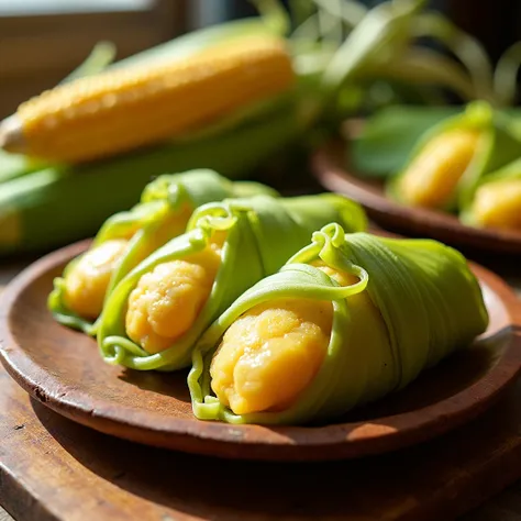 “A traditional Brazilian pamonha, meticulously crafted from fresh yellow corn, wrapped tightly in vibrant green corn husks. The pamonha has a smooth, creamy texture, slightly glossy from its natural oils, and is served steaming hot on a rustic wooden plate...