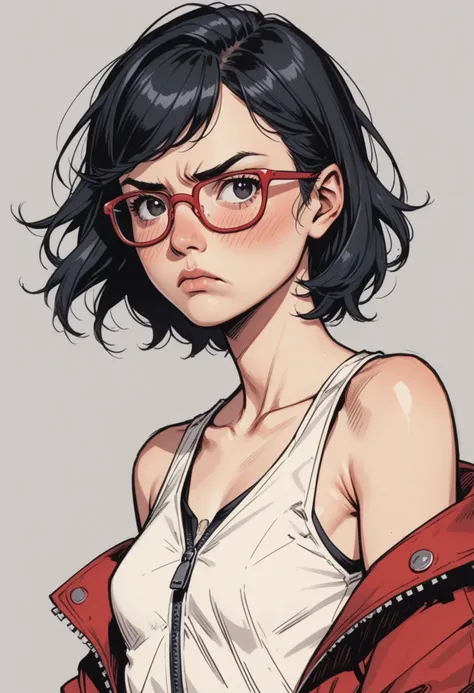 1girl, solo, glasses, black hair, short hair, red-framed eyewear, blush, black eyes, looking at viewer, upper body, simple background, bare shoulders, red jacket, jacket, closed mouth, sleeveless, zipper, off shoulder, frown, zipper pull tab, small breasts...