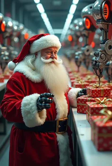 Christmas man produces gifts with robotic automation 
