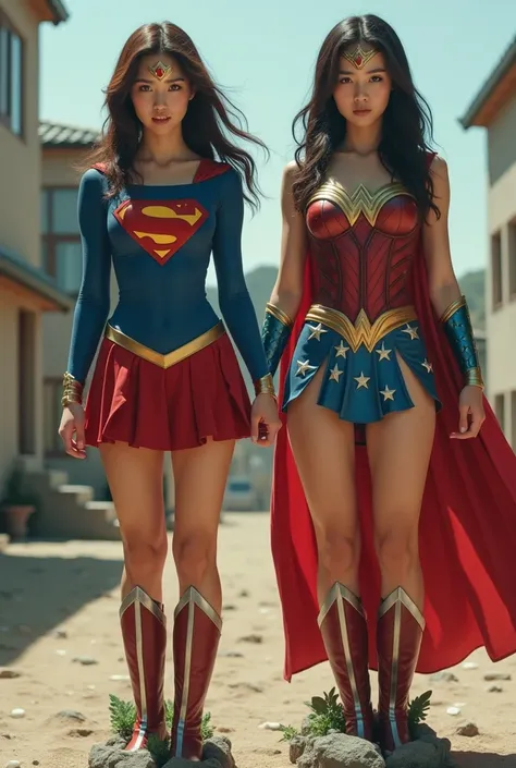  live-action、    2 Japanese superheroines   、   supergirl on the right    、    on the left   、    muscular、      cute Japanese supergirl in her 20s  、Supergirls feet are stone due to Medusas attack  、 (   unrealistic)、(    perfect costume for supergirl    ...