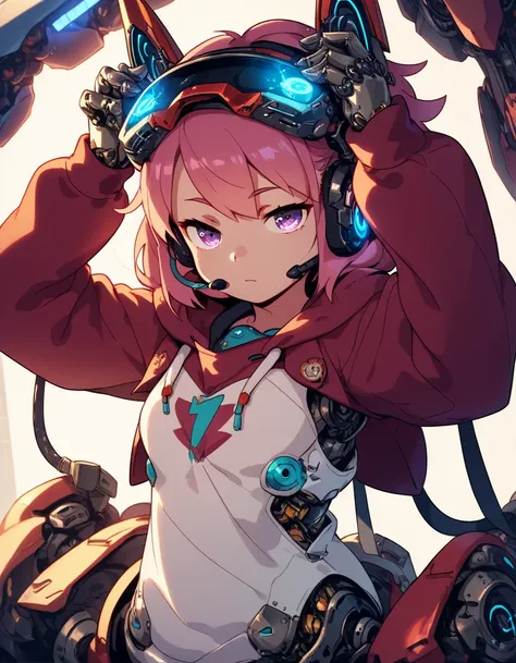 1girl, black mecha, mechanical arms, mechanical legs, mechanical eyes, purple eyes, in dimly lit bedroom, rgb lighting, upper body, looking at viewer, headset, hooded sweatshirt, bored expression, half lidded eyes, raised arms, bent elbows, hands on ears,