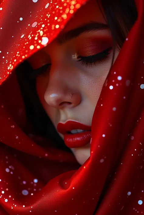  A close up of a womans face , partial profile,  partially obscured by a shiny ,  bright, deep crimson fabric that seems to envelop her . Her face is a dull red .  The fabric is dotted with small shiny particles that give it a look shimmering.  The womans ...