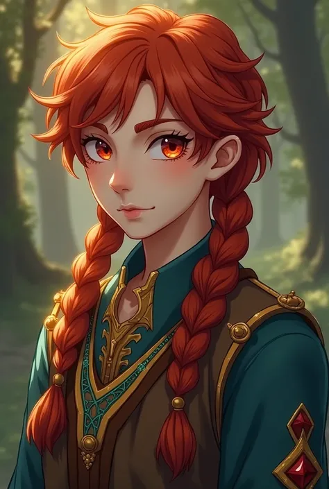 I want you to help me make Nathan a Magi character:  the Labyrinth of Magic . He has crimson eyes and red hair like fanalis or Morgiana himself, He has a delicate physique ,  wears loose clothes and colorful tunics that cover him from the head ,  his hair ...