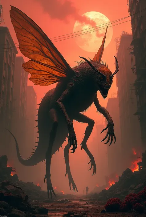 Half a dragon half a bee walks through a hellish town