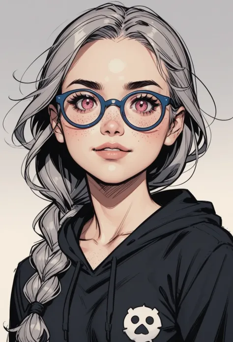 1girl, freckles, solo, hood, braid, hoodie, glasses, long hair, upper body, hood down, smile, blue-framed eyewear, round eyewear, drawstring, hair over shoulder, grey hair, single braid, red eyes, black hoodie, looking at viewer, parted lips, breasts, coll...