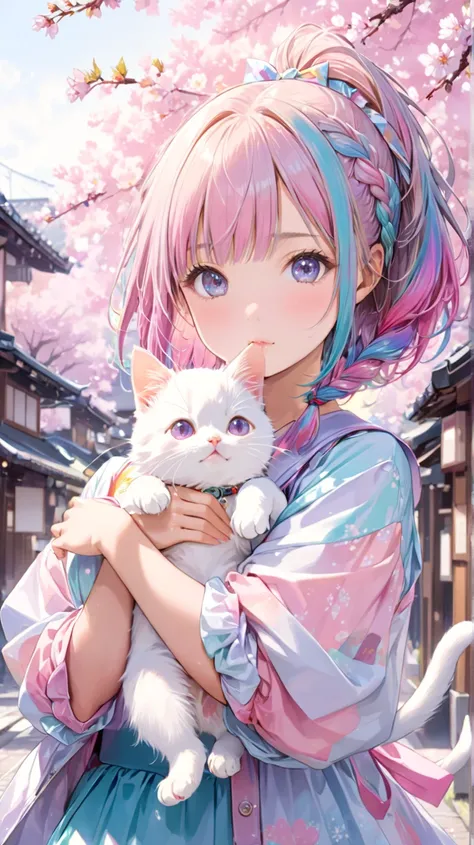  Kanna Hashimoto is cute、Kanna Hashimoto&#39;s face、the prettiest girl in the world、( best quality:1.2,  Very detailed, Latest,  vibrant ,   , masterpiece:1.2,  best quality,  best aesthetics),  girl, (( Poses holding a cute cat:1.4)),  colorful hair,Short...