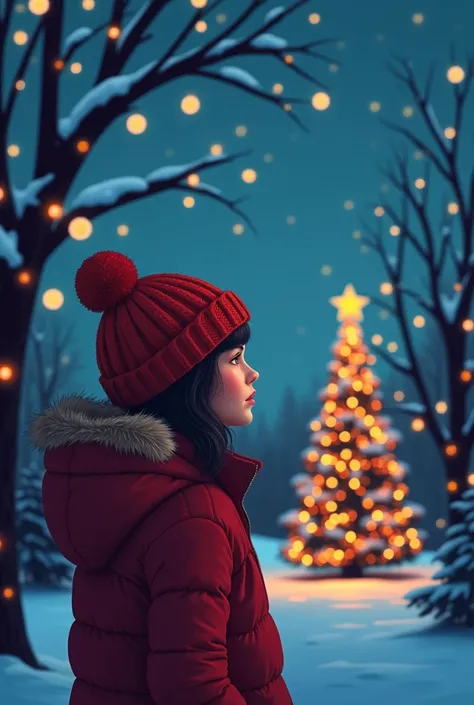 vector illustration, person looking at chistmas lights, flat colors, solid colors