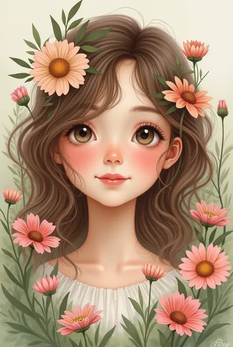 To a girl of about  who has wavy hair that is surrounded by a few flowers from a garden, but I would like the line of the drawing to be subtle, as if it had been by hand 