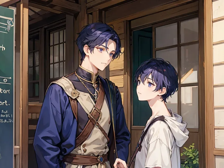 A boy with dark purple short hair is having a conversation with the dark blue haired prince by the medieval roadside