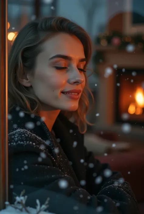 Embers of Solitude
promt:
Christmas Day, Scandinavian actress style (Ultimate Photo: ), Woman with eyes closed, snow falling outside. A warm room reflected on her face at the window. (Faint traces of a kiss on the snow-wet glass with “Adieu” written beside...