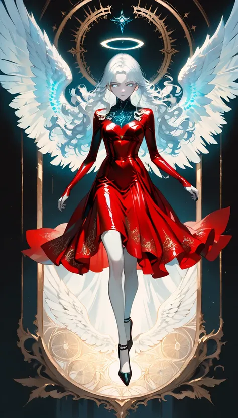 score_9, score_8_up, score_7_up, score_6_up, score_5_up, score_4_up, a picture of magnificent  female angel, busty long hair, dynamic hair color, long hair, wavy hair, shining blue eyes, white wings, wearing intricate elegant (red leather dress: 1.3), wear...