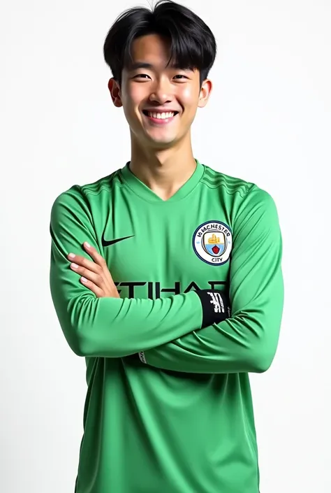  create an image of Korea men 18 years  ,  athletic body, high, Light dimples ,  black hair , porcelain skin gloss effect  .  smiling wearing the official Manchester City green goalkeepers uniform , all white background.