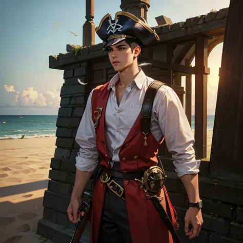 A portrait of young pirate man with soft tanned skin, detalhed face without beard , pirate ,with leather hat ,  white shirt until the elbow,., carring a gun ,Lightly combed short hair.,  high resolution,  best quality , detail,  super detail ,  Lips slight...