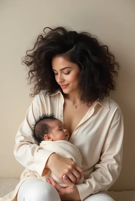 A white woman with big hair on her side with a beautiful baby on her lap for a Tik Tok profile 