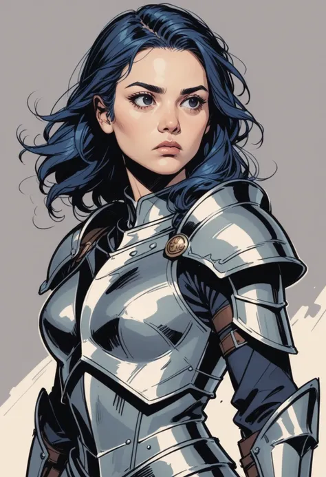 1girl, armor, solo, shoulder armor, black eyes, upper body, black hair, closed mouth, pauldrons, breastplate, medium hair, grey background, blue hair, shaded face, plate armor, simple background, looking to the side, looking at viewer, long hair, knight, e...