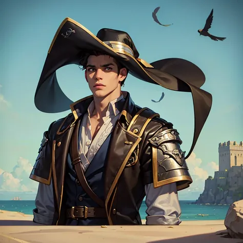 A portrait of young pirate man with soft tanned skin, detalhed face without beard , pirate ,with pirate leather hat and pirate chothes,  white shirt until the elbow,., carring a gun ,Lightly combed short hair.,  high resolution,  best quality , detail,  su...