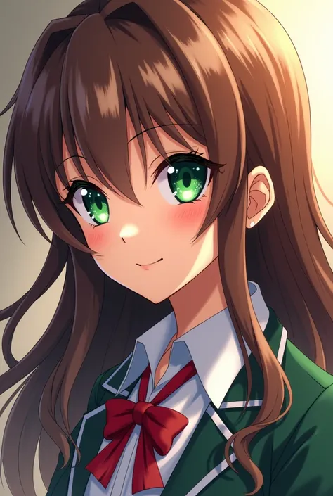  Japanese Anime , Yu-Gi-Oh, Izayoi Aki, female, High school student,  brunette ,  long hair,  green eyes, masterpiece,  top grade, High definition, 2D, seamlessly, smile