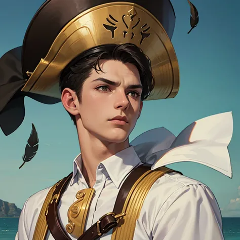 A portrait of young pirate man with soft tanned skin, detalhed face without beard , pirate ,with pirate leather hat and pirate chothes,  white shirt until the elbow,., carring a gun ,Lightly combed short hair.,  high resolution,  best quality , detail,  su...