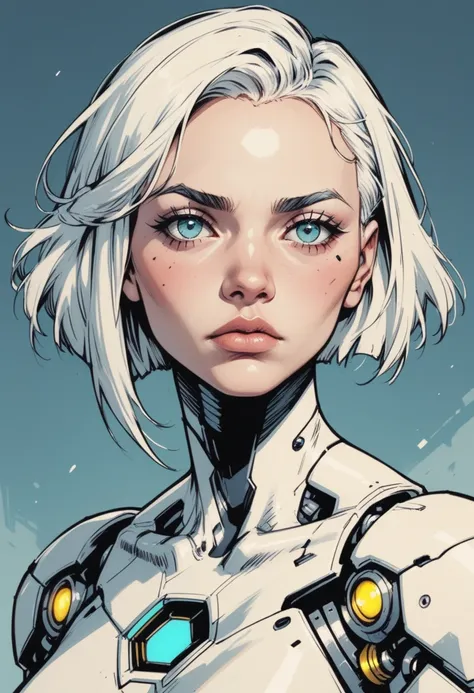 1girl, solo, white hair, looking at viewer, mechanical parts, cyborg, science fiction, short hair, android, portrait,  parted  blue eyes, cyberpunk, robot joints, glowing, joints, artificial eye, aqua eyes, zPDXL3, detailxl,  Score_PnyReal,, s1_dram 